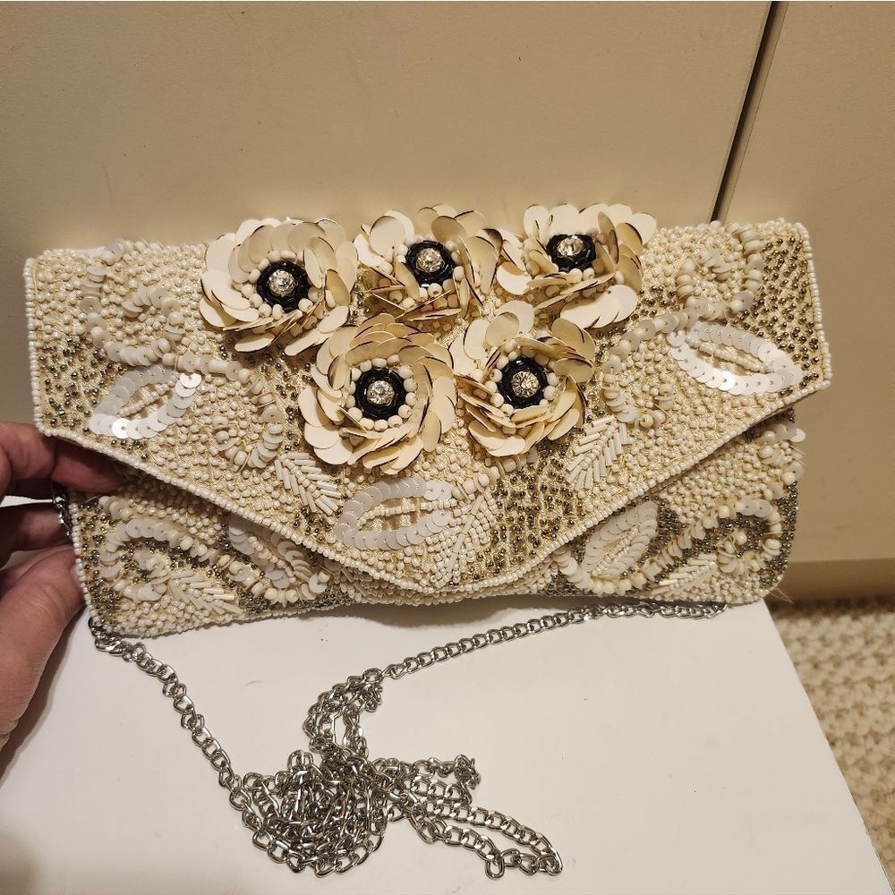 Clements Ribeiro Champagne Satin Beaded Floral Convertible Clutch w/Chain $125